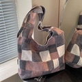 Vintage patchwork canvas tote bag in earthy brown and grey tones with wide strap - Retro White & Brown