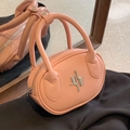 Chic pink oval leather handbag with silver geometric hardware and dual round handles - Pink
