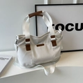 Grande borsa tote in tela bianca con manici in pelle marrone e tracolla regolabile - Bianco Sporco