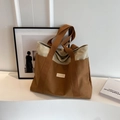 Contrast stitching canvas tote bag in brown and beige with wide shoulder straps - Brown