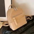 Mini light brown faux leather backpack with pebble texture and silver zippers for women - Khaki