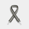 Adjustable wide replacement bag strap with black and white geometric embroidery and silver clips - Snowflake Silver Hook Black Beige