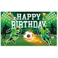 Soccer themed Happy Birthday backdrop with football players and trophies for party decor - Soccer Theme (L-00498)