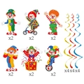 Circus carnival party decorations featuring clown paper cutouts and colorful PVC spirals - Clown Spiral Decoration Set (L-00506)