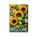 Bandiera da giardino con rana su foglia di loto e girasoli gialli con testo WELCOME - Stile Welcome Rana Girasole (W-000110)