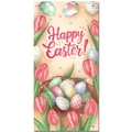 Osterbanner mit rosa Tulpen, bunten Eiern und Vogelnest auf warmem Hintergrund - Frohe Ostern! Osterei Tulpen Stil (G-00129)