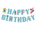 Striscione Happy Birthday a tema sci invernale con glitter blu e grafiche da sci - Striscione di compleanno a tema sci (L-00471-1)