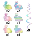 Set di 9 decorazioni pasquali con coniglietto laser colorato e riccioli cangianti - Set Coniglio Iridescente (9 Pezzi)