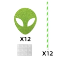 DIY Alien Party Straw Set with 12 Glitter Green Cards and Striped Paper Straws - Alien Cards And Striped Straws (G-00113)