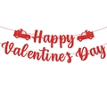 Striscione Happy Valentine's Day rosso glitterato con camioncini a cuore decor - Striscione Happy Valentine's Day (L-00215-1)