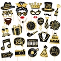 25-piece black and gold 2026 New Year photo booth props set for party celebrations - Card Stick and Glue Dot Set (Y-00599)