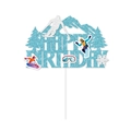 Topper per torta di compleanno a tema sci blu glitterato con sciatori e montagne - Grande topper per torta di compleanno (L-00471-3)