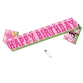 Fascia di compleanno calcio rosa con testo bianco e motivi decorativi in erba verde - Rosa Happy Birthday (G-00114-4)