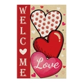 Valentijnsdag tuinvlag met Welcome Love tekst en polkadot hart op jute materiaal - Beige Welcome Hart Ontwerp (G-00122-2)