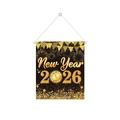 Schwarz-goldenes Banner zum Neujahr 2026 mit Feuerwerk und Uhrendekorationen - Neujahrs-Türaufhängung (L-00475-2) / Schwarzgold