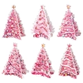 Set di sei ornamenti natalizi a forma di albero rosa acquerello per decorazione tavola - Set da 6 pezzi