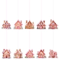 Set de 10 adornos navideños de casitas de jengibre rosas para decoración de fiestas - Adornos de Navidad (L-00486)