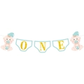 Blue and white ONE high chair banner with cute cartoon babies for boy's 1st birthday party - Baby Boy 1st Birthday (Blue)