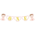 Pink 1st birthday banner with gold glitter ONE letters and cute cartoon baby motifs - Baby Girl 1st Birthday (Pink)