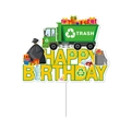 Garbage truck cake topper with yellow Happy Birthday text for eco-friendly party decor - 1Pc Large Happy Birthday Cake Topper