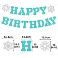 Striscione Buon Compleanno invernale con lettere blu glitterate e misure dei fiocchi di neve - Stile Fiocco di Neve Blu