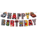 Striscione HAPPY BIRTHDAY a tema corse con bandiere a scacchi e grafica auto - Banner HAPPY BIRTHDAY