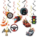Set decorativo per feste a tema corse con spirali e motivi di trofeo e casco - Set di Riccioli Appesi a Tema Corse