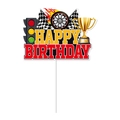 Racing car themed Happy Birthday cake topper with checkered flags and trophy decoration - Large Racing Birthday Cake Topper