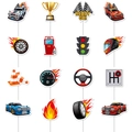 Racing party hanging swirls set with 16 checkered flags, race car and trophy designs - 16Pcs Racing Theme Cupcake Toppers