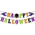 Colorful Happy Halloween banner with spider and wizard hat motifs on white background - Halloween Banner (J-0104-02)