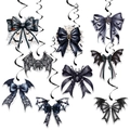 Decorazioni a spirale di Halloween con ragni neri e ciondoli a fiocco stile gotico - Set di Spirali con Fiocco Nero (W-00064)