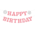 Striscione Happy Birthday rosa glitterato con fiocchi di neve per feste di compleanno - Stile Fiocco di Neve Glitterato Rosa