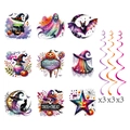 Set festa Halloween con 9 carte acquerello e 18 decori a spirale viola arancione rosa - Set di 9 Pezzi di Decorazioni Appese a Spirale di Halloween (L-00442-3)