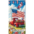 Patriotic USA Independence Day welcome porch banner with vintage red truck and bald eagle - American Vintage Pickup Truck And Flag Style (J-0504)