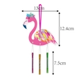 Detail of flamingo wind chime showing dimensions with colorful feathers and metal bells - Pink Flamingo (L-00434-3)