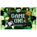 Groen en zwart game controller verjaardag achtergrond met GAME ON en LEVEL UP tekst - Videospel Thema Achtergrond (L-00404)