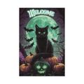 Halloween garden flag featuring a black cat on glowing pumpkins with welcome text - Black Cat and Pumpkin Welcome Style (L-00458-1)