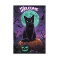 Halloween garden flag featuring a black cat on a pumpkin with neon moon and Welcome text - Green Eye Black Cat Pumpkin Style (L-00458-2)