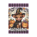 Halloween garden flag featuring a cute highland cow in a wizard hat with welcome text - Highland Cow Wizard Style (L-00458-4)