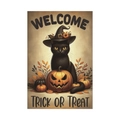 Halloween garden flag featuring a black cat with a witch hat and a glowing pumpkin - Black Cat and Trick or Treat Style (L-00458-5)