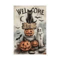Halloween garden flag with black cat, stacked pumpkins and ghost on canvas background - Black Cat Pumpkin Ghost Trio Style (L-00458-6)