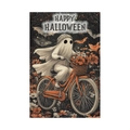 Halloween garden flag featuring a cute ghost on a bike with Happy Halloween text - Ghost Biking Happy Halloween Style (L-00458-7)