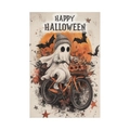 Halloween garden flag featuring a cute ghost on an orange bike with a full moon backdrop - Cute Ghost Riding Bicycle Style (L-00458-8)