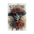 Halloween garden flag with floral skull design and 'WELCOME' text on canvas texture - Floral Skull Welcome Style (L-00458-9)