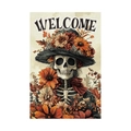 Halloween garden flag with a skeleton wearing a sunflower hat and Welcome greeting - Autumn Flowers Skull Style (L-00458-10)