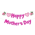 Striscione glitter Happy Mother's Day con cuori rosa e decorazioni floreali di rose - Banner Lettere (Y-00530-1)