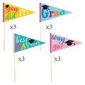 Set de 12 banderines coloridos de graduación con textos de felicitación y palos madera - 12 Piezas Por Paquete (L-00417)