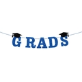 Blue glitter GRADS banner with black graduation caps for university party decor - Blue Grad Banner (G-00067-1)