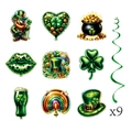 Detail showing 9 St. Patrick's Day hanging swirls with clover and gnome designs - St. Patrick's Day Spiral Hanging Decoration (L-00400)