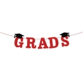 Red glitter 'GRADS' banner with black graduation caps for 2026 party decorations - Red Grad Banner (G-00067-4)